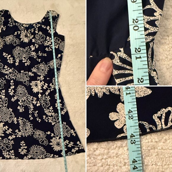 J Crew Womens Navy Floral Silk Midi Dress Size 12 Elastic Waist Scoop Neck - Picture 11 of 14